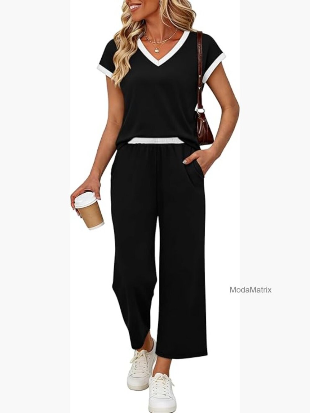 Large Two Piece Lounge Set, V-Neck Top, Wide Leg Pants, Travel Outfit
